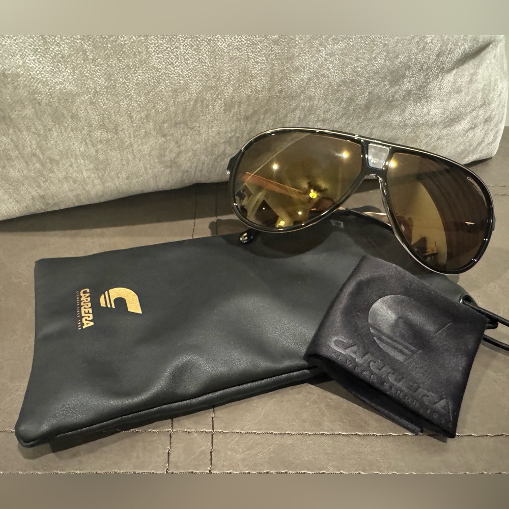 Carrera Aviator Sunglasses with Brown Lenses and Black Accessories